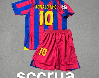Kit infantil retrô Barcelona Ronaldinho 2005 2006 camisa e short