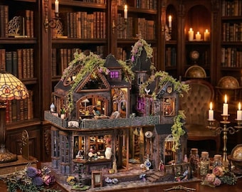 May include: A multi-story miniature dollhouse with dark wood-toned walls, intricate architectural details, and green foliage accents. The structure features open rooms, balconies, and small interior furnishings, set against a backdrop of a library.