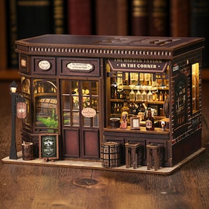 Eckkneipen-Buchnischen-Bausatz DIY 3D-Holzpuzzle LED-Bücherregaleinsatz Deko-Geschenk