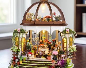 DIY Hanging Garden Dollhouse Kit Miniature Greenhouse LED Wooden Puzzle Bookshelf Decor Gift