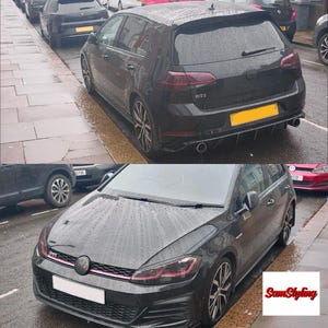 May include: A black Volkswagen Golf GTI hatchback shown from the rear and front angles. The vehicle features dark-tinted taillights, a rear spoiler, dual exhaust pipes, a front grille with a red accent line, and multi-spoke alloy wheels.