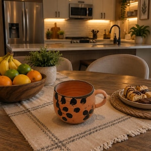 Rustic Handmade Terracotta Mug – Black Polka Dot Ceramic Coffee Cup, Artisan Pottery Tea Mug, Boho Farmhouse Kitchen Decor