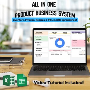 May include: A laptop displaying an All In One Product Business System spreadsheet with a dashboard showing net cash flow, profit margin, and overdue invoices. The screen includes text for inventory, invoices, recipes, and P&L, plus a video tutorial included.