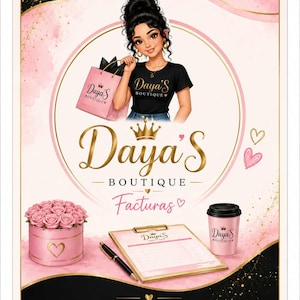 Op de afbeelding: Een promotionele afbeelding voor Daya's Boutique met een illustratie van een persoon die een roze winkeltas, een ronde doos met roze rozen, een klembord met pen en een roze koffiebeker vasthoudt, allemaal voorzien van het Daya's Boutique logo.