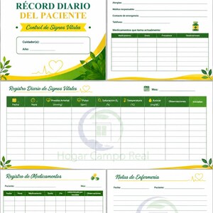 May include: A set of white patient record forms with green and yellow leaf accents. The documents include sections for patient information, vital signs, medication tracking, and nursing notes, featuring the Hogar Campo Real logo throughout.
