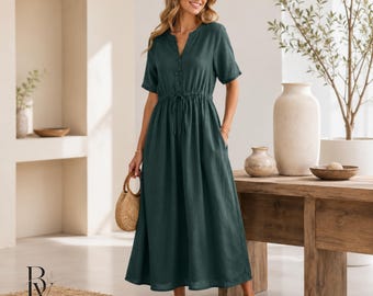 Linen Maxi Dress for Women, Drawstring Waist Summer Dress, Loose Fit Boho Midi Dress with Pockets