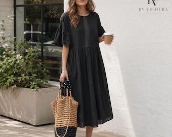 Women's Linen Cotton Midi Dress, with Pockets, Loose Fit, Boho Style Casual Summer Dress