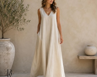 Leinen-Maxikleid für Damen, ärmelloses Sommerkleid mit V-Ausschnitt und Taschen, lässiges, locker geschnittenes langes Kleid