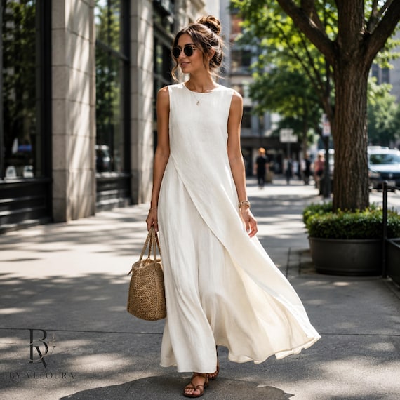 linen flowy maxi dress Women's Dress, Sleeveless Summer Dress, Elegant Loose Fit Vacation elegant summer linen dresses