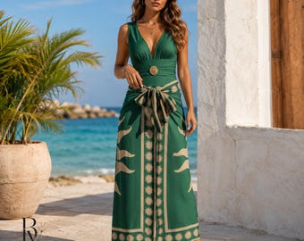 Printed One Piece Swimsuit with Sarong, Deep V Resort Beachwear, Gift For Women