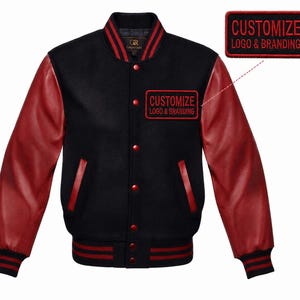 GR Emporium Men's Varsity Bomber Jacket - Black Body, Red Leather Sleeves - Custom Logo Letterman - Durable Streetwear Winter Style