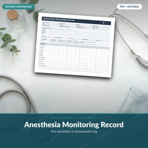 Può includere: Un modulo cartaceo per il monitoraggio dell'anestesia con intestazione blu scuro, contenente campi per i dati del paziente, il protocollo anestetico e una griglia per il monitoraggio dei parametri vitali, progettato per uso veterinario.