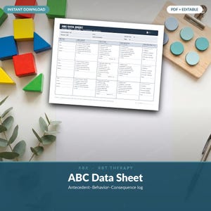 May include: An ABC Data Sheet for ABA and RBT therapy, featuring a grid layout for tracking antecedents, behaviors, and consequences. The document includes fields for learner details, date, and time, presented as a printable, editable form.