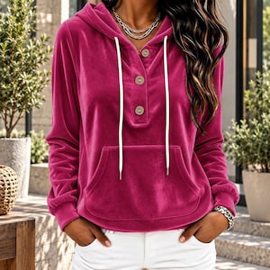 Vintage Women's Velour Hoodie, Button Front Pullover, Cozy Casual Sweatshirt, Soft Top Fit