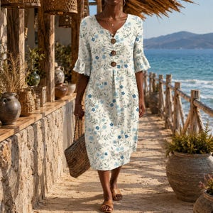 May include: A knee-length dress with a white base featuring a blue floral and vine pattern. The dress has a V-neckline, three-quarter length ruffled sleeves, and a front button placket with three brown circular buttons down the center chest area.