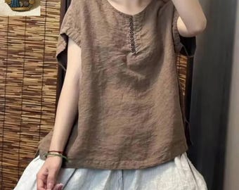 Cotton Linen Summer Blouse, Loose Fit Casual V Neck Shirt, Plus Size Short Sleeve