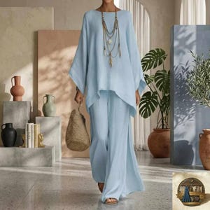 Conjunto de lino de 2 piezas, conjunto de verano a juego de algodón, traje de pantalón de pierna ancha.