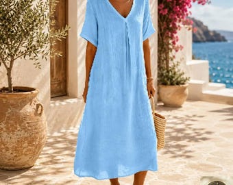 NovaDesignStudio katoenen linnen jurk, maxi-jurk met v-hals en zakken, losse zomerkaftan,