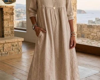 Linen Cotton Midi Dress with Pockets, V-Neck Boho Summer Robe