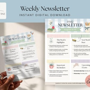 Könnte beinhalten: Eine digitale wöchentliche Newsletter-Vorlage mit hellblauem Vichy-Karo-Header, Abschnitten für Highlights, Neuigkeiten, Erinnerungen und Termine, verziert mit Illustrationen von Büchern, einem Stiftebecher, einer Biene und einem Schmetterling.