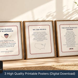 May include: Three framed wall art prints featuring American patriotic texts. The left print displays The Pledge of Allegiance, the center print shows the Preamble to the Constitution, and the right print contains The Star-Spangled Banner lyrics.