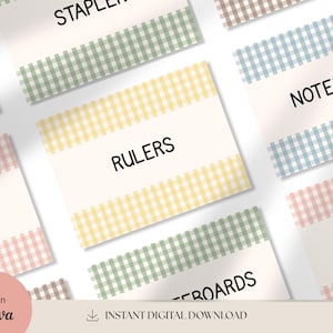 110+ Editable Classroom & Homeschool Labels, Printable Gingham Supply Bin Labels, Canva Organization Template