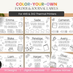 May include: A set of printable color-your-own folder and journal labels for 4x6 and 3x2 thermal printers. The white rectangular labels feature black line art illustrations, including school buses, books, pencils, and space for editable names.