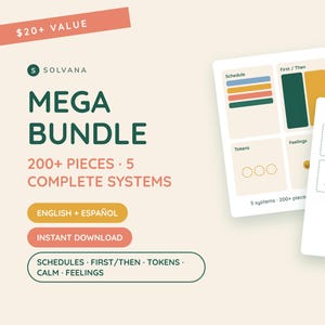 Può includere: Un mega pacchetto di schede educative con oltre 200 pezzi e 5 sistemi, inclusi programmi, sequenze, gettoni, calma ed emozioni. Le schede bianche presentano icone colorate e testo in inglese e spagnolo. Il testo riporta Solvana Mega Bundle.
