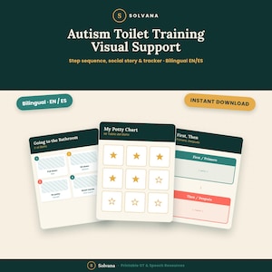 May include: A set of three bilingual English and Spanish printable cards for autism toilet training. The cards feature a step sequence, a My Potty Chart with star icons, and a First, Then tracker. The design uses dark green, cream, and red accents.