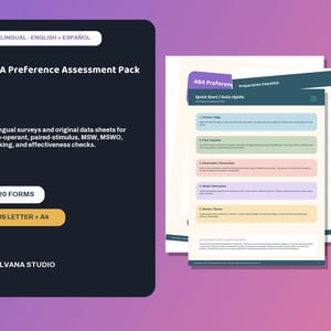 Könnte beinhalten: Ein ABA-Präferenzbewertungspaket mit 20 zweisprachigen Formularen auf Englisch und Spanisch. Das Dokument enthält eine Schnellstartanleitung mit fünf Schritten, eine Vorbereitungs-Checkliste und Datenblätter für verschiedene Bewertungsmethoden.