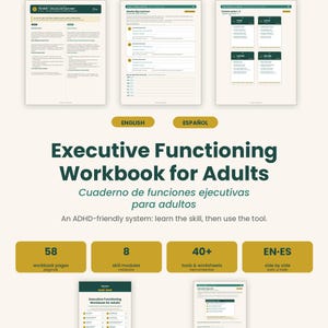 Könnte beinhalten: Ein Arbeitsbuch für exekutive Funktionen für Erwachsene mit 58 Seiten, 8 Kompetenzmodulen und über 40 Werkzeugen und Arbeitsblättern. Das Dokument enthält englische und spanische Texte sowie Beispielseiten mit Planern und Pocket-Cards.