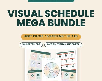 Könnte beinhalten: Ein digitales visuelles Zeitplan-Paket von Solvana Studio mit über 600 Teilen in 5 Systemen auf Englisch und Spanisch. Das Set enthält US-Letter-PDF-Dateien für visuelle Autismus-Unterstützung, die verschiedene Gefühls-, Belohnungs- und Wahlkarten zeigen.
