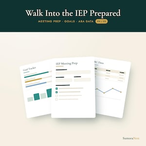 Puede incluir: Un conjunto de documentos digitales titulado Walk Into the IEP Prepared, con tres páginas blancas y encabezados verde oscuro. Las páginas muestran un rastreador de objetivos con gráficos, un formulario de preparación IEP con casillas y datos ABA con un gráfico.