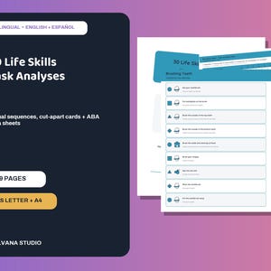 以下が含まれることがあります： Solvana Studioによる99ページのライフスキルタスク分析セット。英語とスペイン語のバイリンガルな視覚的シーケンス、切り取り可能なカード、ABAデータシートが含まれており、USレターサイズとA4サイズで提供されています。