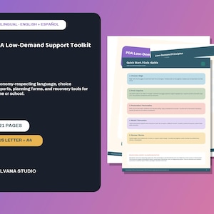 Puede incluir: Un conjunto de documentos PDA Low-Demand Support Toolkit bilingüe en inglés y español. El panel oscuro indica 21 páginas, formatos US Letter y A4, y la marca Solvana Studio. Las páginas blancas presentan una guía de inicio rápido con cinco pasos.