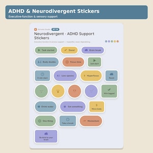 May include: A sheet of ADHD and neurodivergent support stickers in muted pastel colors. The stickers feature text labels including Task started, Done, Brain break, Body double, Focus time, Just start, 5-min start, Low spoons, Hyperfocus, Reset, Win logged, Drink water, Eat something, Move body, One thing, Take a break, Momentum, and Be kind to your brain.
