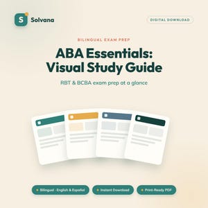 May include: A digital study guide titled ABA Essentials: Visual Study Guide with the subtitle RBT & BCBA exam prep at a glance. The graphic features four document icons in teal, yellow, blue, and dark green, with text labels for bilingual content.