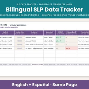 以下が含まれることがあります： 英語とスペイン語のヘッダーが付いたバイリンガルの言語療法データトラッカー。生徒、セッション日、結果、グループまたは個人のステータス、請求可能か、補講の有無、セッションノートの列があるセッションログテーブルが表示されています。