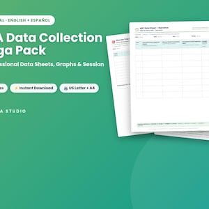 Pacote com 22 páginas de planilhas de coleta de dados ABA para impressão, incluindo: RBT BCBA, Rastreamento de Comportamento, Frequência, Duração, Análise de Tarefas, Anotações de Sessão e Gráficos.