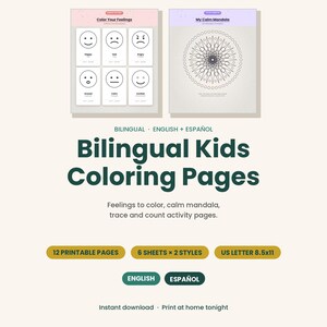 May include: Bilingual kids coloring pages featuring 12 printable sheets in US letter 8.5x11 size. Includes Color Your Feelings with six emotion faces and My Calm Mandala designs. Text includes Bilingual English + Español, Solvana, and Miami, FL.