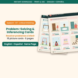 Puede incluir: Tarjetas de resolución de problemas e inferencia con 18 tarjetas ilustradas en 6 páginas. Las hojas imprimibles incluyen ilustraciones de varios escenarios con textos en inglés y español para ejercicios de lenguaje y pensamiento.