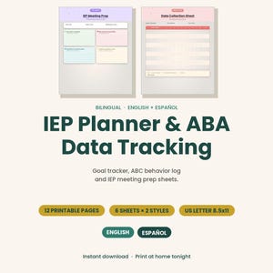 Könnte beinhalten: Ein digitales IEP-Planer- und ABA-Datenerfassungs-Set mit 12 druckbaren Seiten im Format 8,5x11 Zoll. Das Dokument enthält ein IEP-Meeting-Vorbereitungsblatt und ein Datenerfassungsblatt mit Ziel-Trackern und Verhaltensprotokollen auf Englisch und Spanisch.