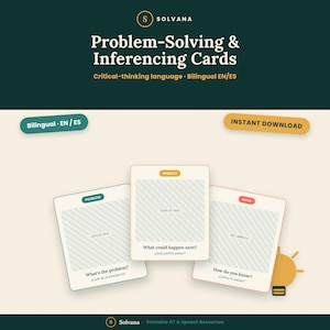 May include: A set of bilingual English and Spanish Problem-Solving & Inferencing Cards by Solvana. The cards feature prompts like What's the problem?, What could happen next?, and How do you know? with a light bulb icon and instant download text.
