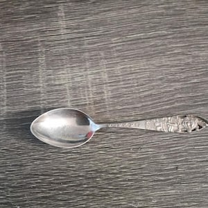 May include: A silver-toned metal spoon featuring an embossed handle with the word CANADA and a detailed relief design of a figure wearing a traditional headdress. The spoon has a smooth, polished oval bowl and a textured, decorative handle.