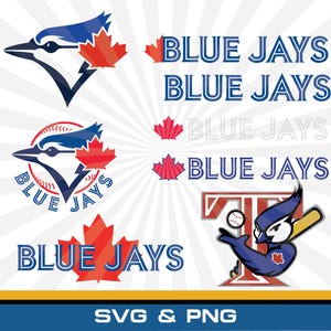 May include: A collection of Blue Jays sports logos featuring a blue bird profile, red maple leaves, and baseball imagery. The text BLUE JAYS appears in various blue fonts alongside a graphic of a bird holding a baseball and bat over a red letter T.