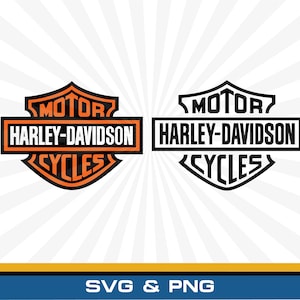 Puede incluir: Dos logotipos de Harley-Davidson con forma de escudo que incluyen el texto MOTOR, HARLEY-DAVIDSON y CYCLES. Un logotipo es naranja y negro, mientras que el otro es blanco y negro. El texto SVG & PNG aparece en la parte inferior del diseño.