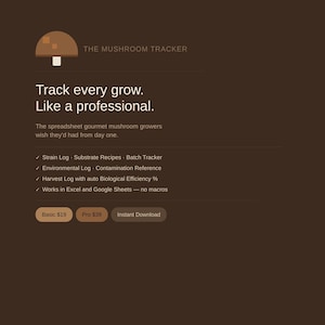 May include: A digital spreadsheet interface titled The Mushroom Tracker, featuring a brown background with white text. It includes a quick start guide, color key for input cells, and a list of tracking features for mushroom cultivation.