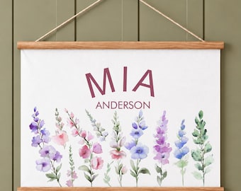 Personalized Wildflower Name Banner, Floral Nursery Canvas Wall Hanging