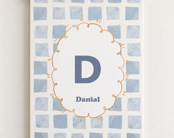 Personalized Blue Check Canvas, Custom Name and Initial Wall Art