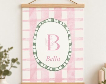 Personalized Floral Monogram Name Canvas, Pink Check  Art Custom